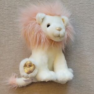 FAO Schwarz White and Pink Stuffed Lion With Gold Accents